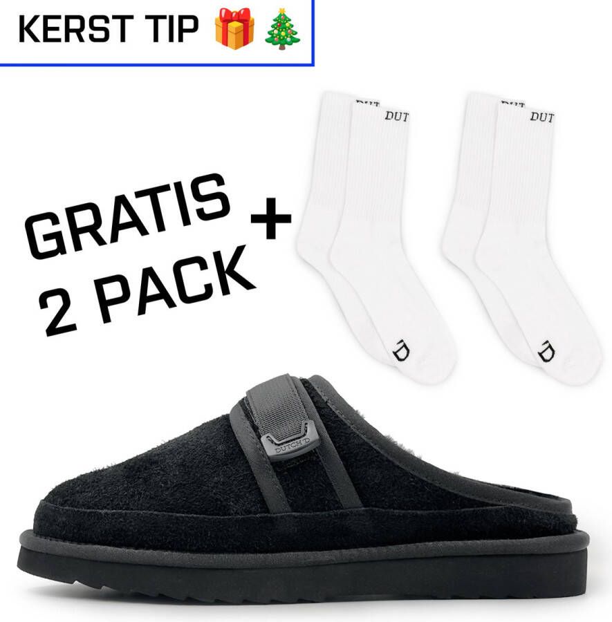 DUTCH'D Luxe pantoffel + Gratis sokken! Designer- Ease Mule Suede zwart Echt wol! Heerlijk warm