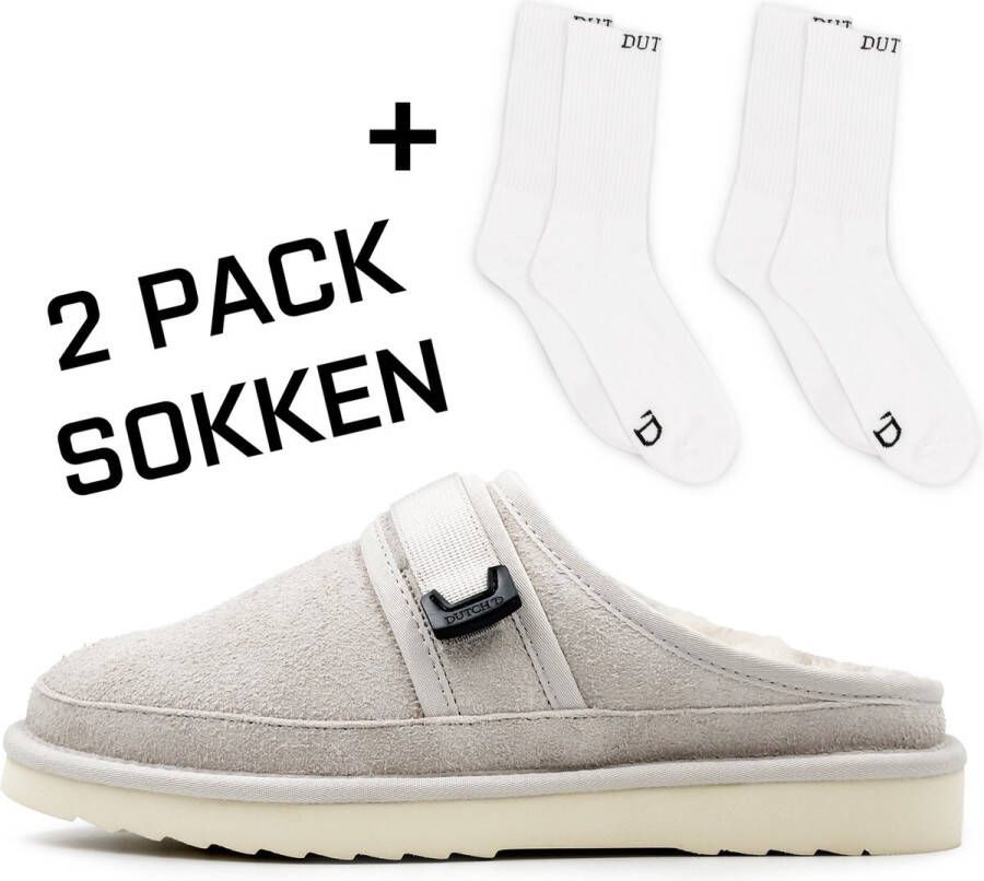 DUTCH'D Luxe pantoffel + Gratis sokken! Sloffen Designer- Ease Mule Grijs Cream Echt wol! Heerlijk warm