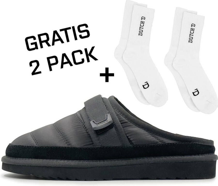 DUTCH'D Luxe pantoffel + Gratis sokken! Sloffen Designer- Ease Mule zwart Echt wol! Heerlijk warm