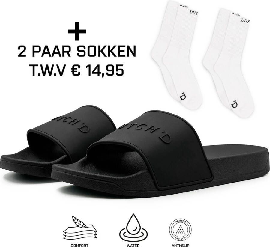 DUTCH'D Rubberen slipper + 2 Paar Sokken! TWV €14 00 zwart anti slip Comfortabel Dubbele maten unisex Heren Badslipper Slippers Badslippers