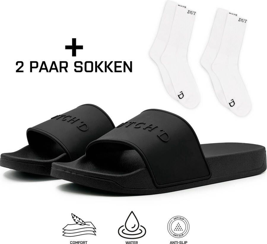 DUTCH'D Rubberen slipper + GRATIS 2 paar Sport Sokken t.w.v € 13 95 Sloffen Logo slides zwart anti slip badslippers Comfortabel Dubbele maten Nederlands merk unisex Slipper