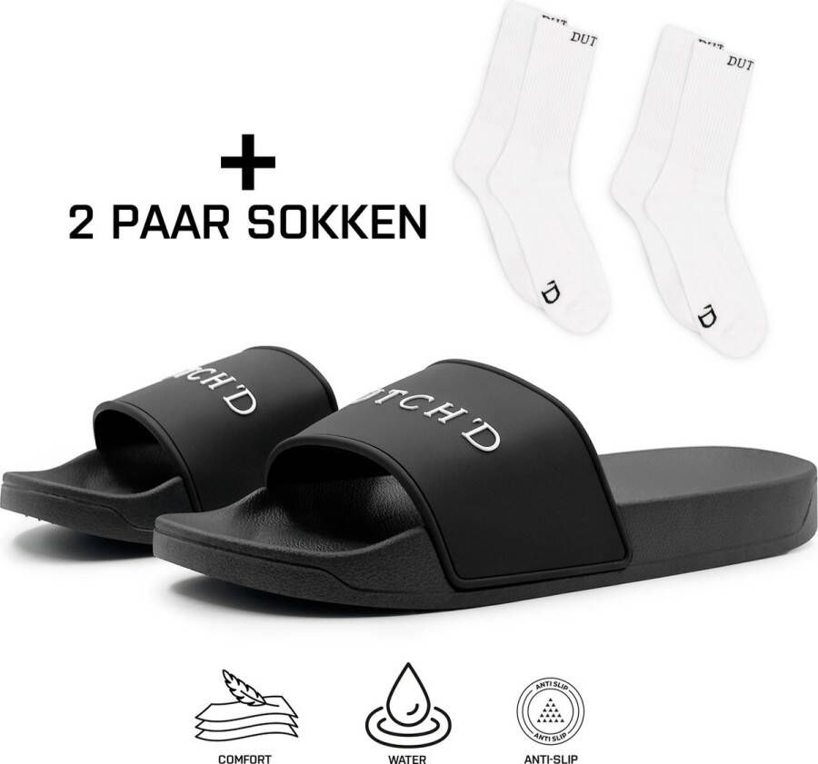 DUTCH'D Rubberen slipper + 2 Paar Sokken! Zwart wit anti slip Comfortabel Dubbele maten unisex Heren Badslipper Slippers Badslippers