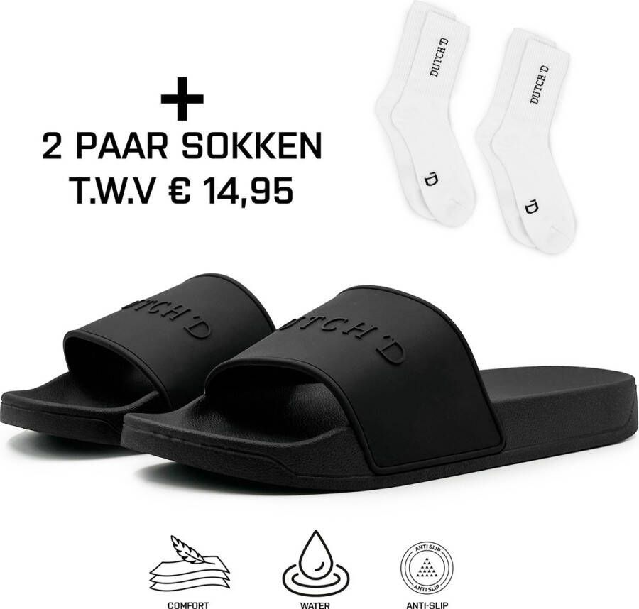 DUTCH'D Rubberen slipper + GRATIS 2 paar Sport Sokken t.w.v € 13 95 zwart anti slip Comfortabel Dubbele maten unisex