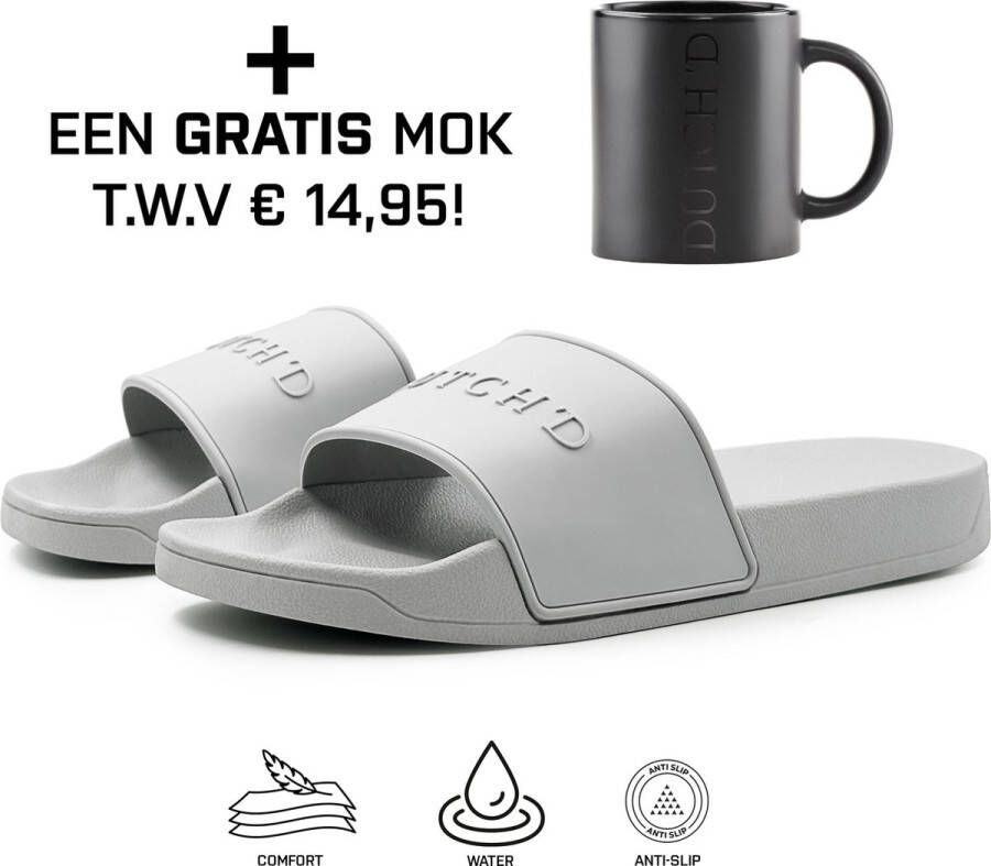 DUTCH'D Rubberen slipper + Gratis koffie thee mok TWV € 14 95 Tijdelijk! Grijs anti slip Comfortabel Dubbele maten unisex Heren Badslippers Slippers Badslippers