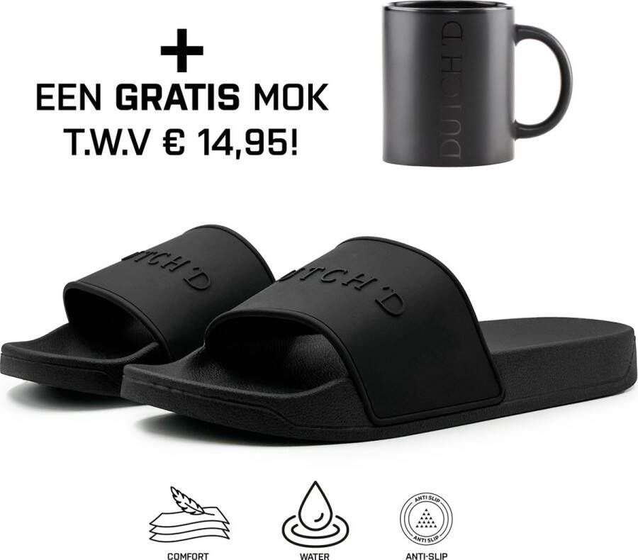 DUTCH'D Rubberen slipper + GRATIS 2 paar Sport Sokken t.w.v € 13 95 Sloffen Logo slides zwart anti slip badslippers Comfortabel Dubbele maten Nederlands merk unisex Slipper