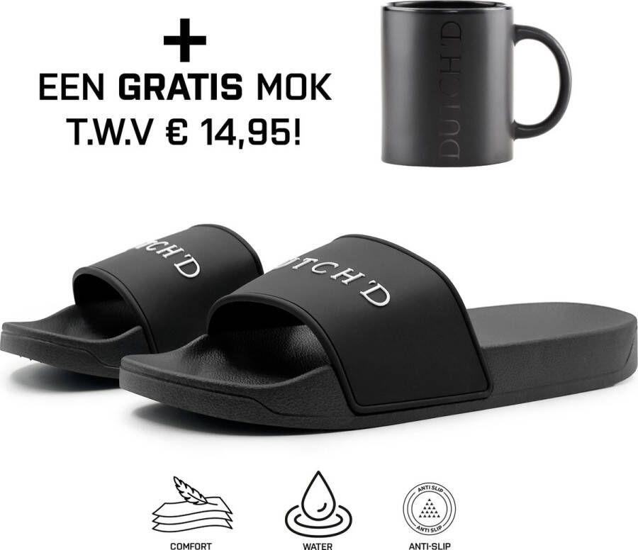 DUTCH'D Rubberen slipper + Gratis koffie thee mok TWV € 14 95 Tijdelijk! zwart wit anti slip Comfortabel Dubbele maten unisex Heren Badslippers Slippers Badslippers