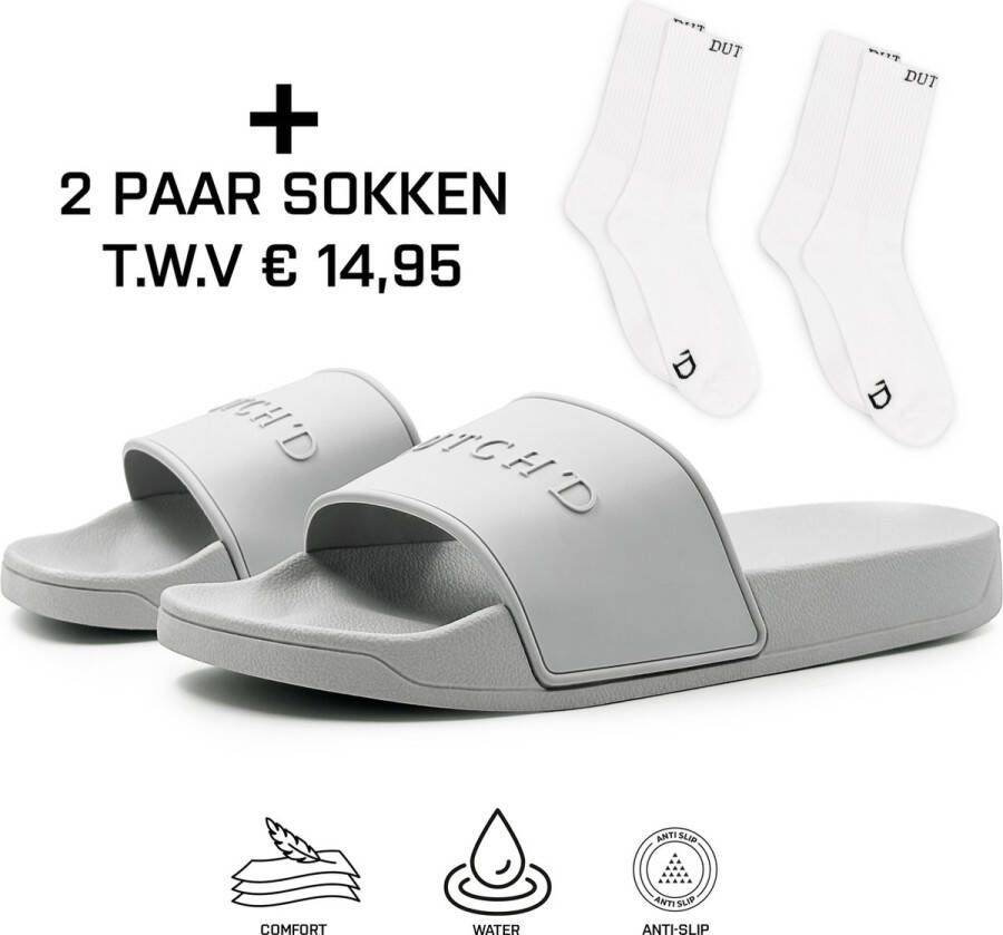 DUTCH'D Rubberen slipper + GRATIS Sport Sokken TWV €14 00 Grijs anti slip Comfortabel Dubbele maten unisex Heren Badslippers Slippers Badslippers