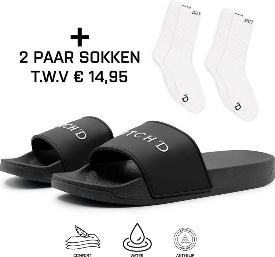 DUTCH'D Rubberen slipper + GRATIS Sport Sokken TWV €14 00 zwart wit anti slip Comfortabel Dubbele maten unisex Heren Badslippers Slippers Badslippers