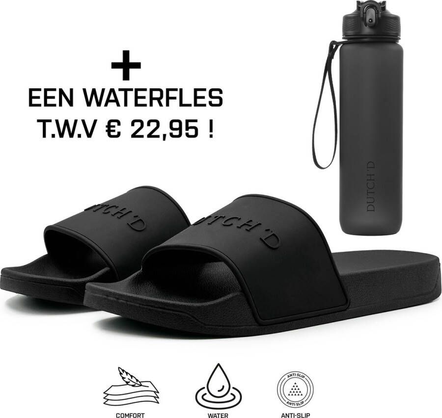 DUTCH'D Rubberen slipper + GRATIS 2 paar Sport Sokken t.w.v € 13 95 Sloffen Logo slides zwart anti slip badslippers Comfortabel Dubbele maten Nederlands merk unisex Slipper