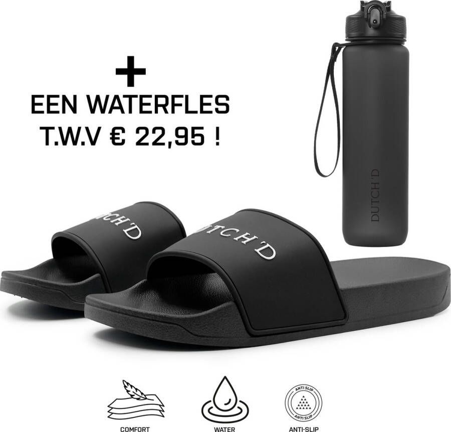 DUTCH'D Rubberen slipper + GRATIS Waterfles TWV € 22 95 Tijdelijk! zwart wit anti slip Comfortabel Dubbele maten unisex Heren Badslippers Slippers Badslippers