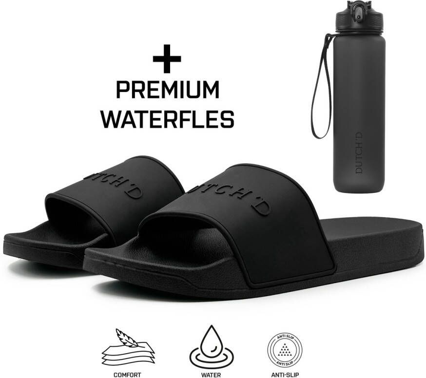 DUTCH'D Rubberen slipper + Handige Waterfles! Zwart anti slip Comfortabel Dubbele maten unisex Heren Badslipper Slippers Badslippers