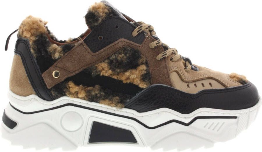 DWRS LABEL Pluto teddy leopard Black Cognac Zwart Leer Lage sneakers Dames