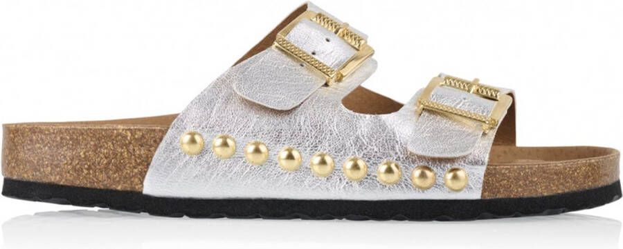 DWRS LABEL DWRS Malibu metallic leer | sil Zilver Leer Slippers met gesp Dames