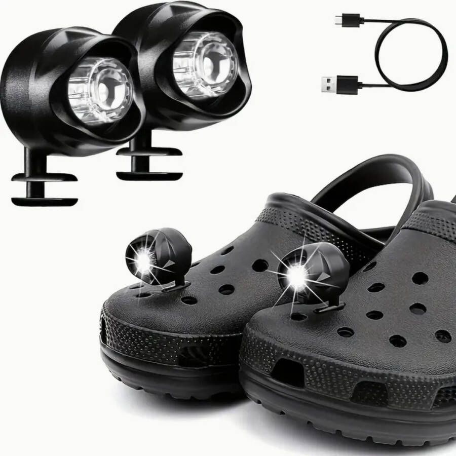 Crocs Koplampen USB oplaadbaar Crocs lamp Opladen Lampjes USB Crocs Licht Crocs Jibbitz 2 stuks LED Waterdicht USB Micro inclusief Zwart Trend Schoenen Veiligheid Crocs light Crocs shoes Crocs Headlights