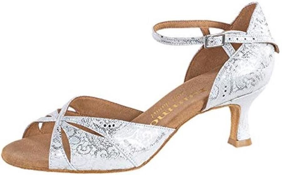 Dames Dansschoenen Leer Wit met Bloemen Flare Heel Normale Breedte