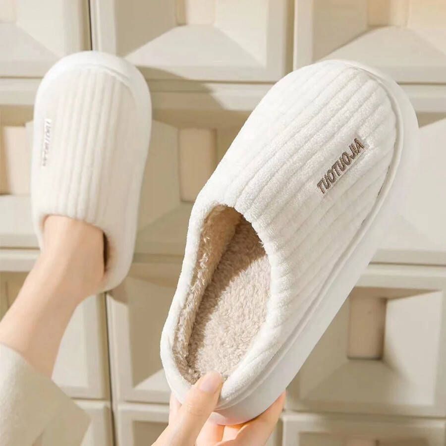 Dames Slippers Pluizige Indoor Slippers met Traagschuim en Anti-Slip Zachte Hak Streep Design Winter Huisschoenen Comfortabele Huisschoenen Zachte Slippers