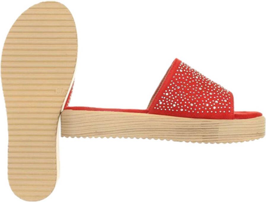 Dilena fashion slippers fluweel stras steentjes rood