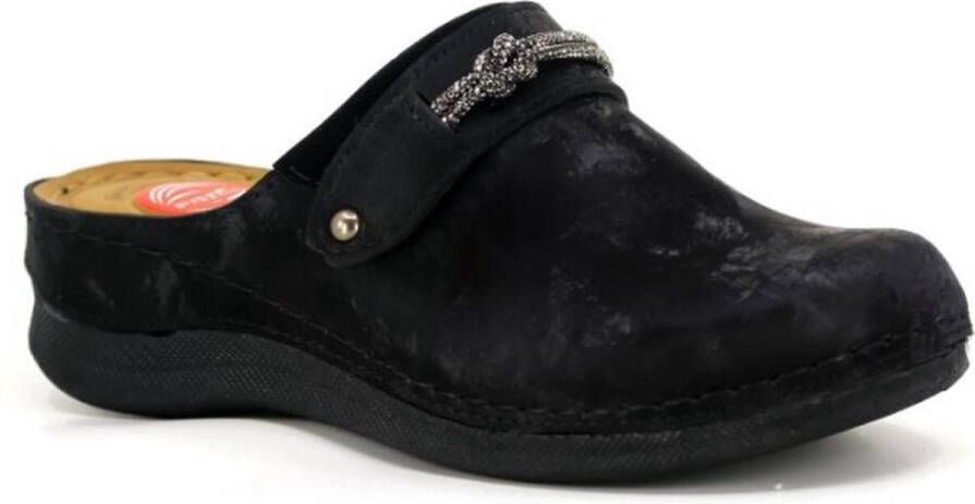 Foxter Dames pantoffels Dames clogs Dames sloffen –Zwart Met Sierstenen