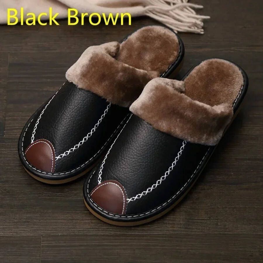 Mannen Slippers Zwarte Winter PU Leren Slippers Warme Waterdichte Handschoenen voor Binnen Comfortabele Antislip Slippers voor Thuis en Slaapkamer