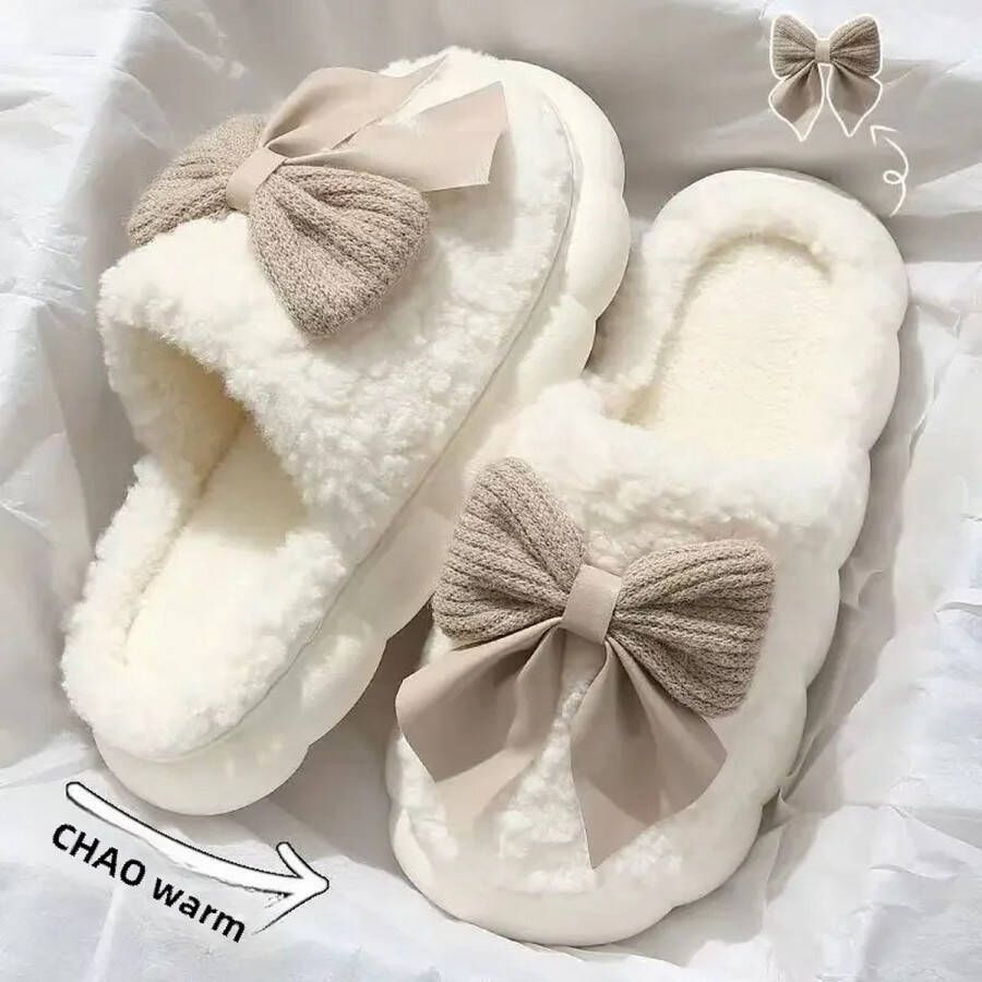 Nieuwe Dames Katoenen Slippers met Boog Warme Dikke Bodem Antislip Slippers voor Thuis Postpartum Herstel Schoenen Zoete Stijl Comfortabele Slippers voor Binnen