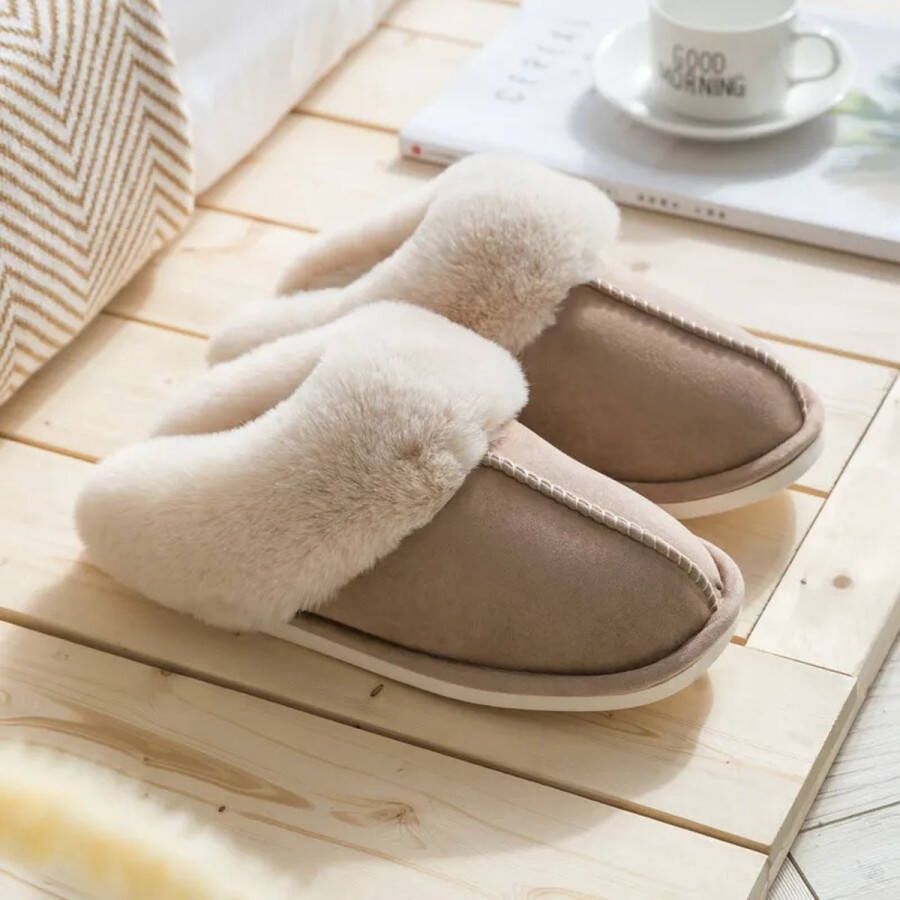 Pantoffels warm Pantoffels bont Sloffen warm Sloffen bont Suéde dames sloffen dames pantoffels beige khaki pluizige pantoffels