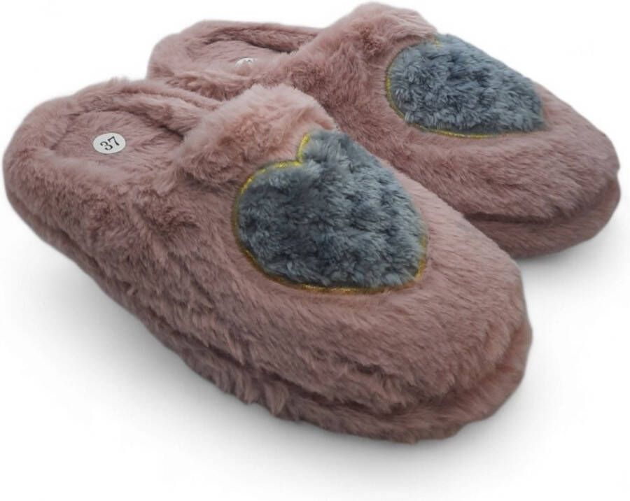 Roze fluffy Heart pantoffels faux fur huisslippers zachte open sloffen vrouwen en meisjes damespantoffels instappers