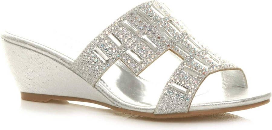 Sandalen lage hak dames Wedge peeptoe diamante muilezels Zilver EU sandalen lage hak dames