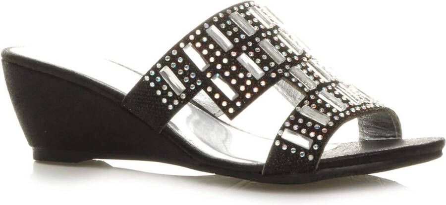 Sandalen lage hak dames zwarte wig peeptoe diamante muiltjes sandalen lage hak dames