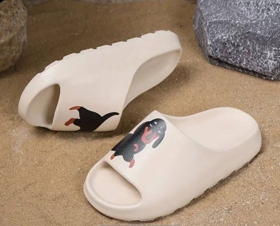 Teckel hond sloffen pantoffels wit slippers badslippers teckelprint