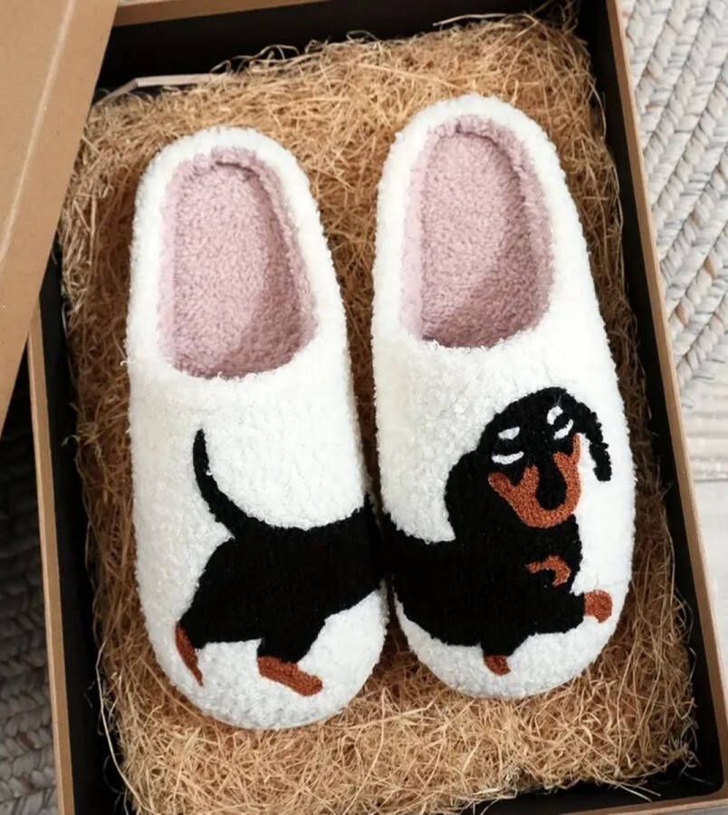 Teckel hond sloffen pantoffels wit slippers teckelprint