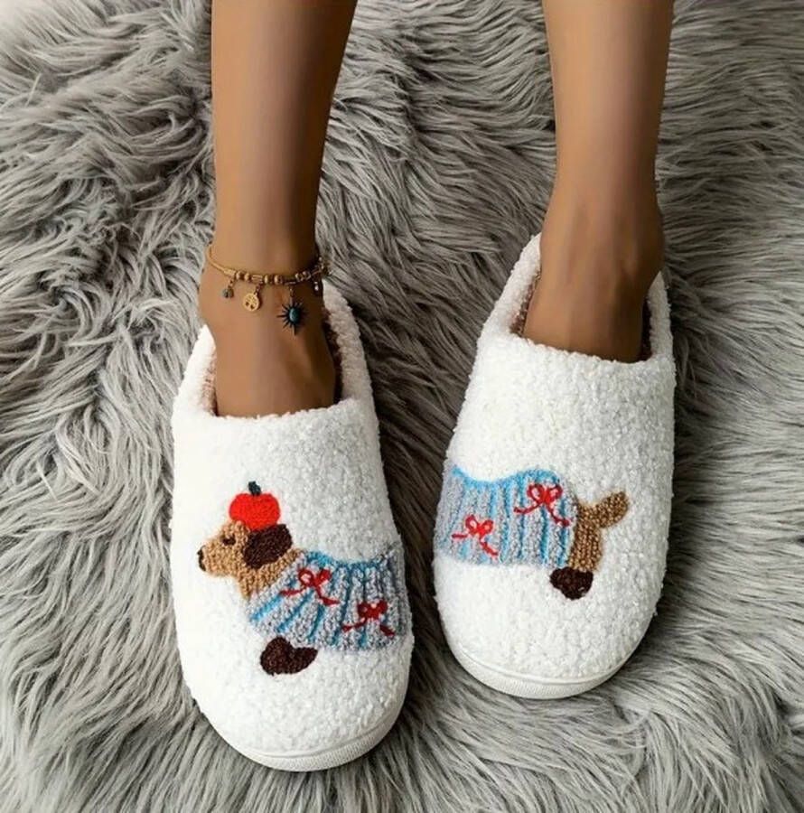 Teckel hond sloffen pantoffels wit slippers teckelprint gekleurde teckel