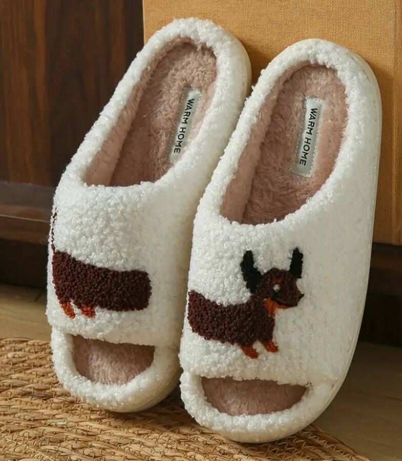 Teckel hond sloffen pantoffels wit slippers teckelprint teenslippers open teen pantoffel