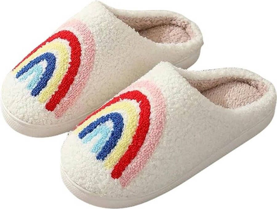 Winter Sloffen met Liefdevol Harten Borduurwerk Gezellige en Warme Pantoffels voor Binnen in de Slaapkamer Zachte en Comfortabele Dames Pantoffels voor de Winter Huiselijke en Knusse Slippers met Hartenborduursel Regenboogjes