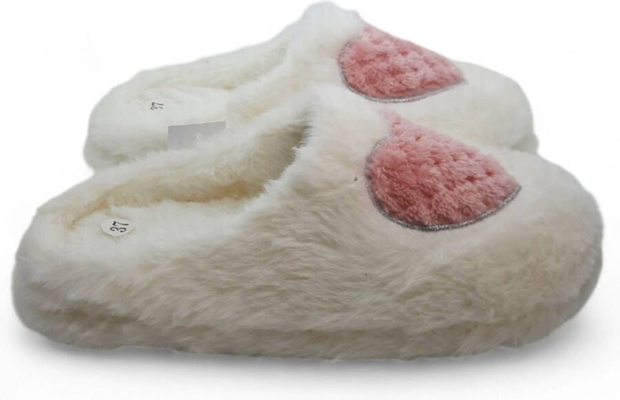 Witte fluffy Heart pantoffels faux fur huisslippers zachte open sloffen vrouwen en meisjes damespantoffels instappers