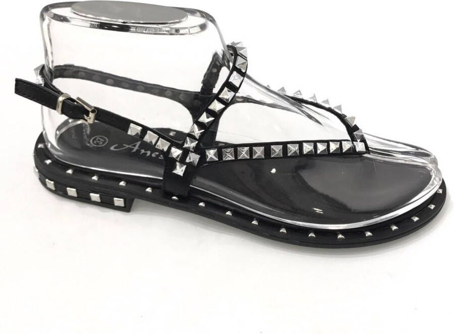 Zwarte Sandalen Zilveren Studs Dames Schoenen Zilveren Studs