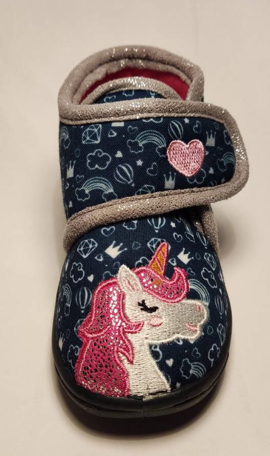 BBS Meisjes unicorn pantoffels donkerblauw met roze eenhoorn uitneembare zool sterke antislip