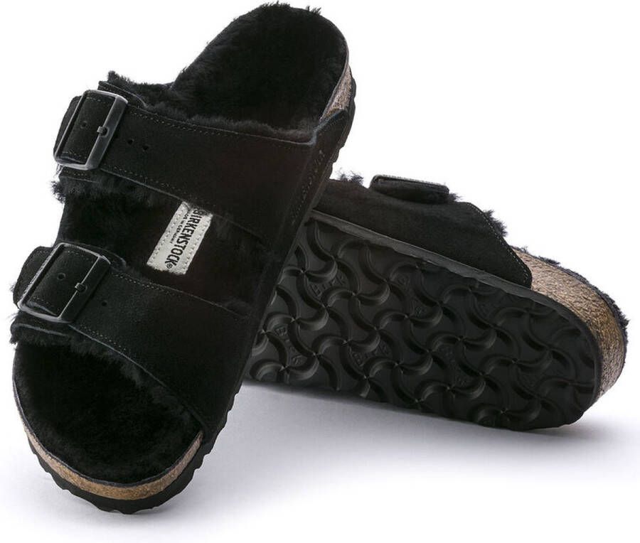 Birkenstock Arizona Lamsvel Suede Zwart Smal Voetbed