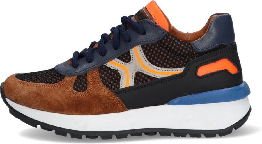 Braqeez 422942-413 Jongens Lage Sneakers Bruin Blauw Oranje Leer Veters