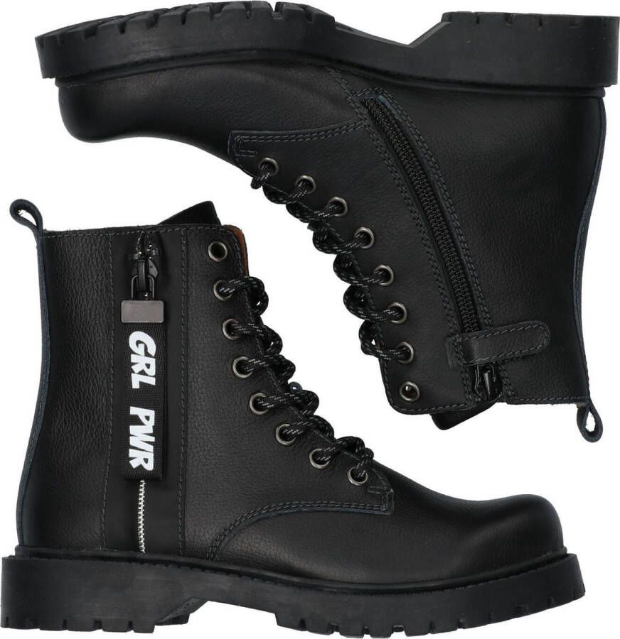 Braqeez Belle Boot Meisjes Biker Boots Zwart Leer Veters