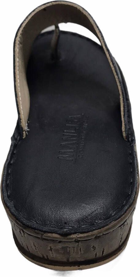 Manlisa 4 cm hoogte lederen comfort teen slippers W107-1880 Zwart