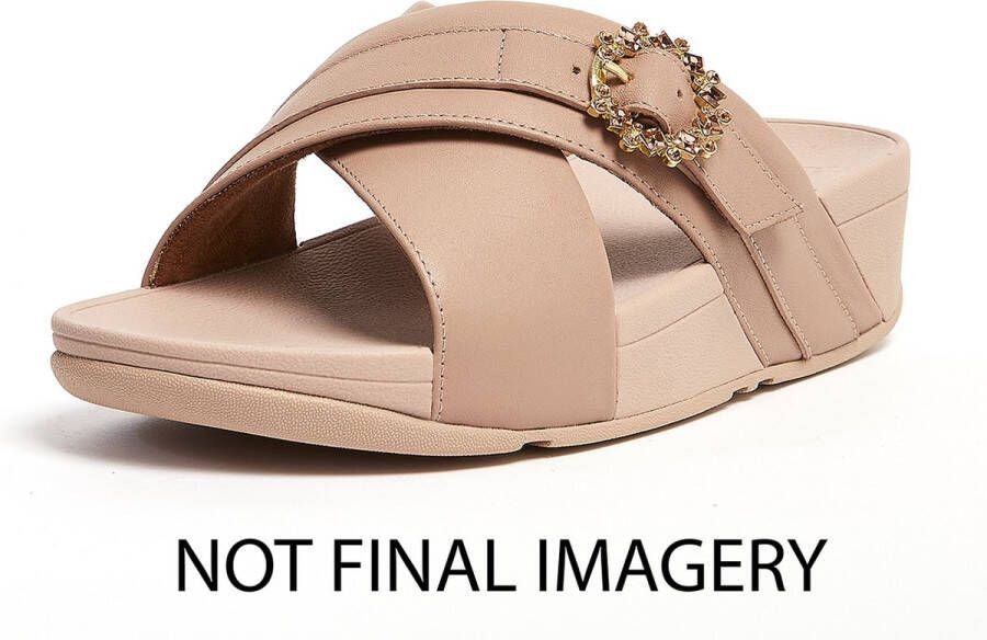 FitFlop Lulu Crystal-Buckle Leather Cross Slides BEIGE