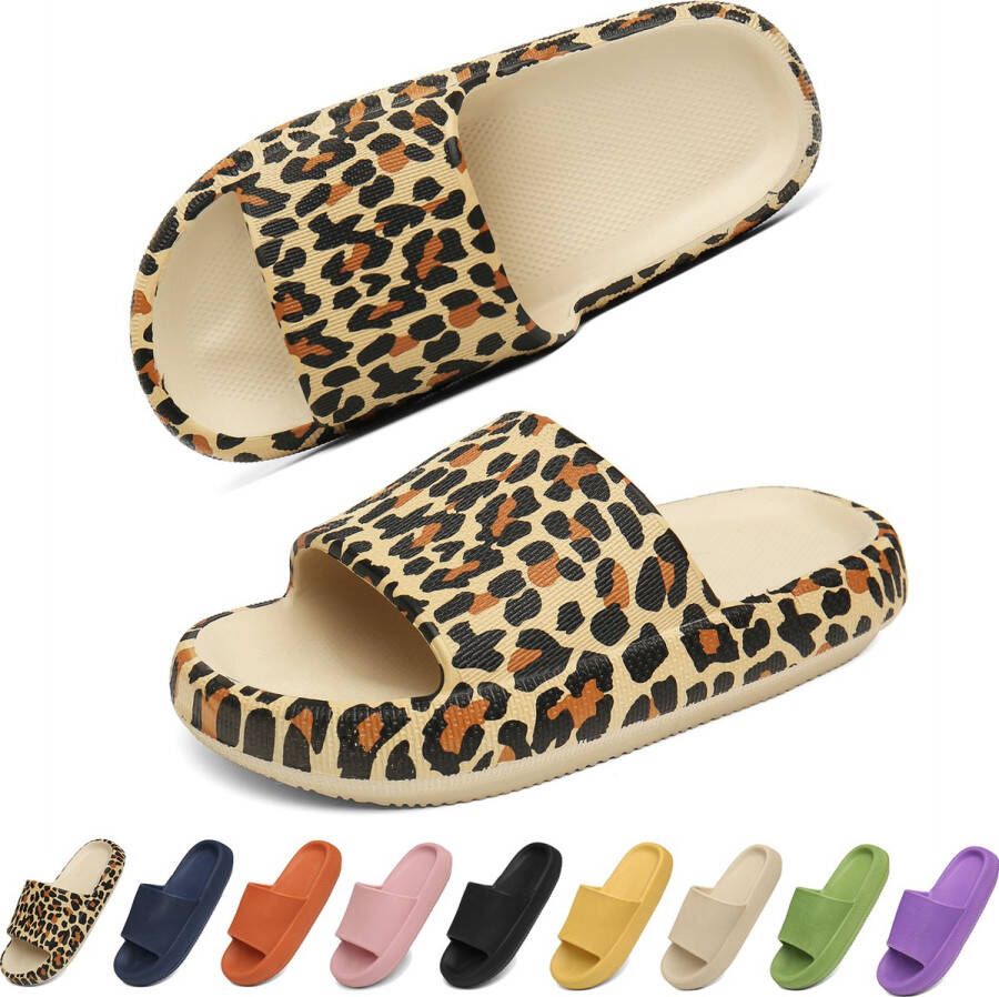 Geweo Slippers Heren Dames EVA Badslippers Unisex Verdikte Lichtgewicht Super Zacht aan je Voeten Anti-Slip en Stevig Voetbed Anti-lawaai Luipaard print