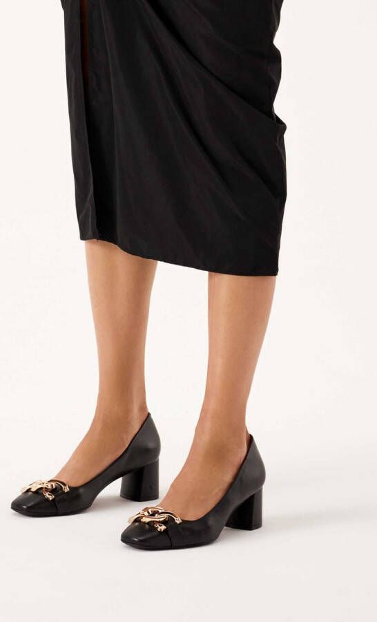 Kazar Black wide heel pumps embellished with chain links