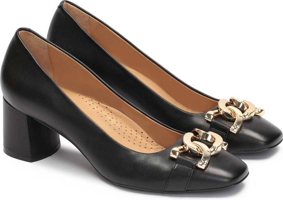 Kazar Black wide heel pumps embellished with chain links