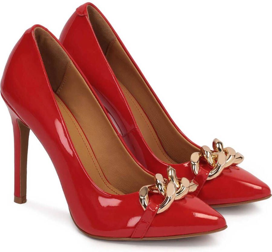 Kazar Red patent leather stilettos with a chain