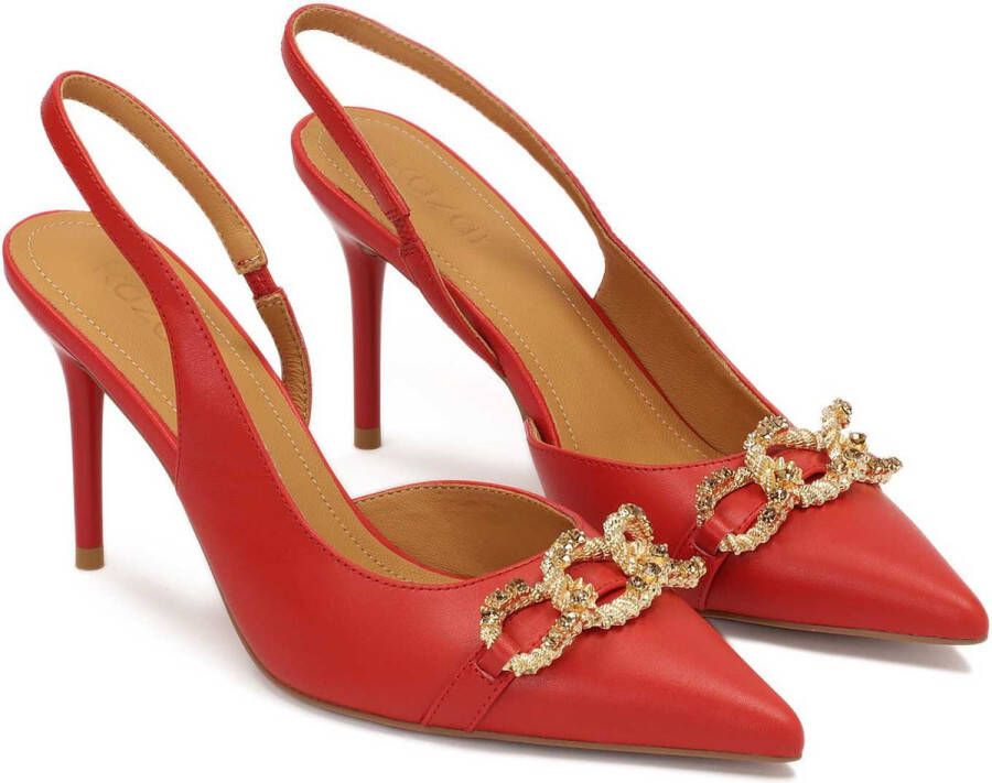 Kazar Red pumps with open heel and a large metal chain