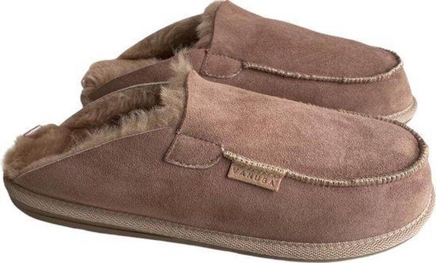 LuLu wonen LuLu- Beige leren heren instappers pantoffels met rubberen zool gevoerd met schapenvacht