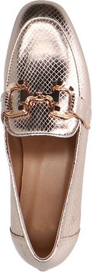 Manfield Dames Goudkleurige leren loafers met snakeprint