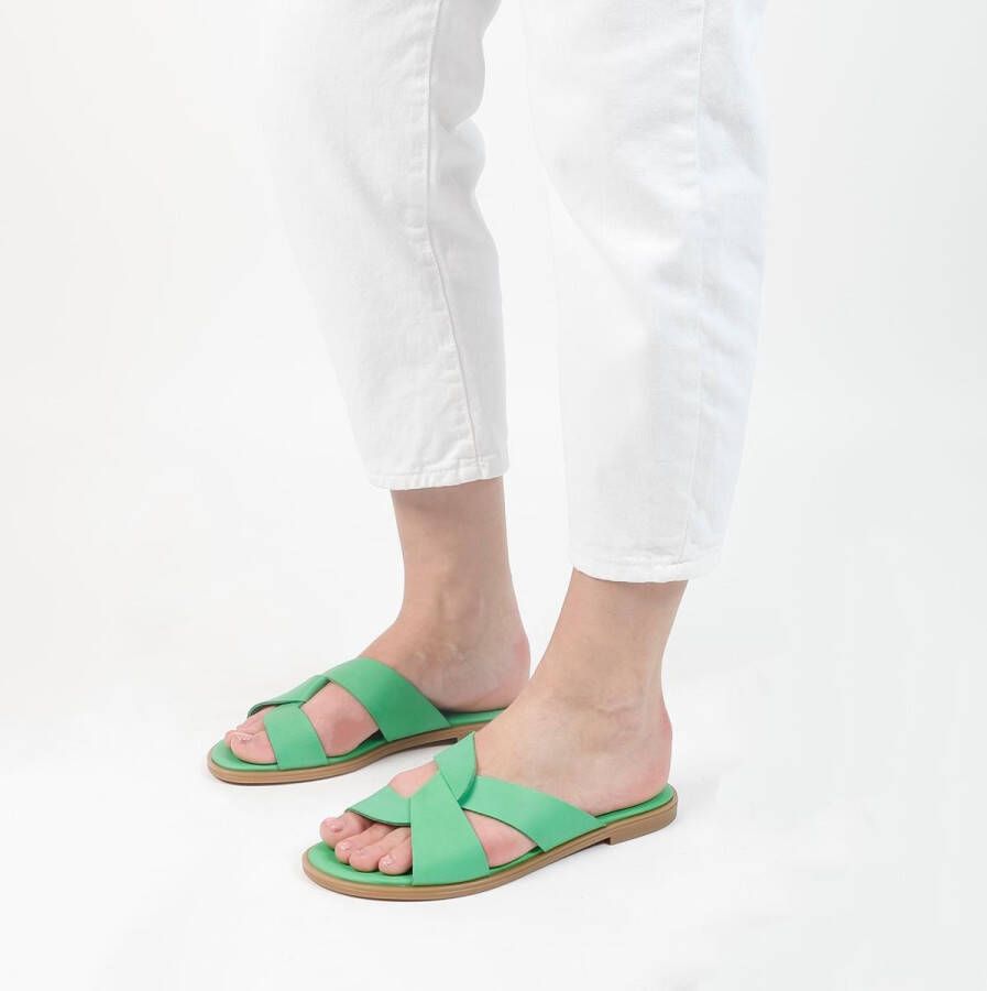 Manfield Dames Groene leren slippers - Foto 4