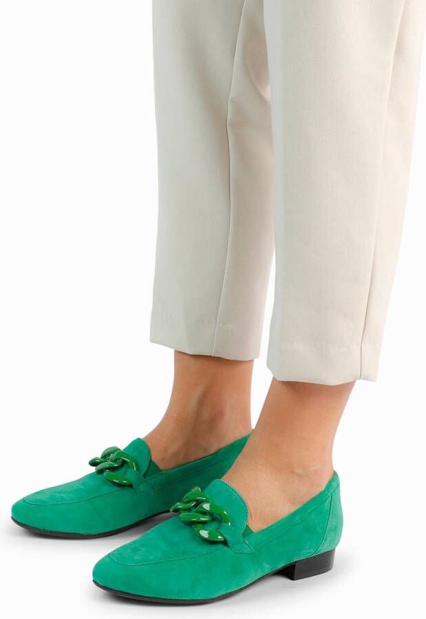 Manfield Dames Groene suède loafers met chain - Foto 7